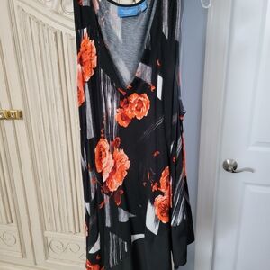 Black Floral V-Neck Dress with Orange Roses